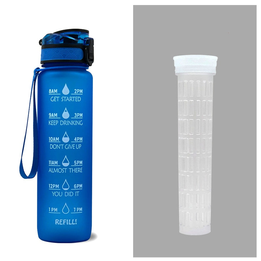Blue water bottle with time markers and a white filter cartridge on a gray background