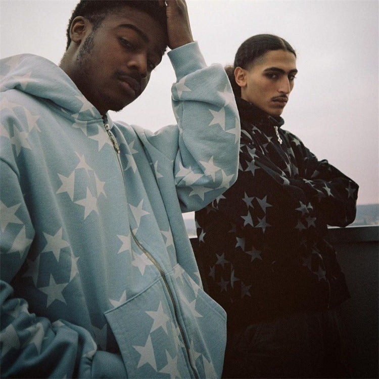 Stars Printed Zip-Up Hoodie - Unisex Streetwear Cardigan | ST VON'S FLAIR