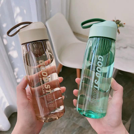 Two hands holding clear water bottles with 'Good State' branding.