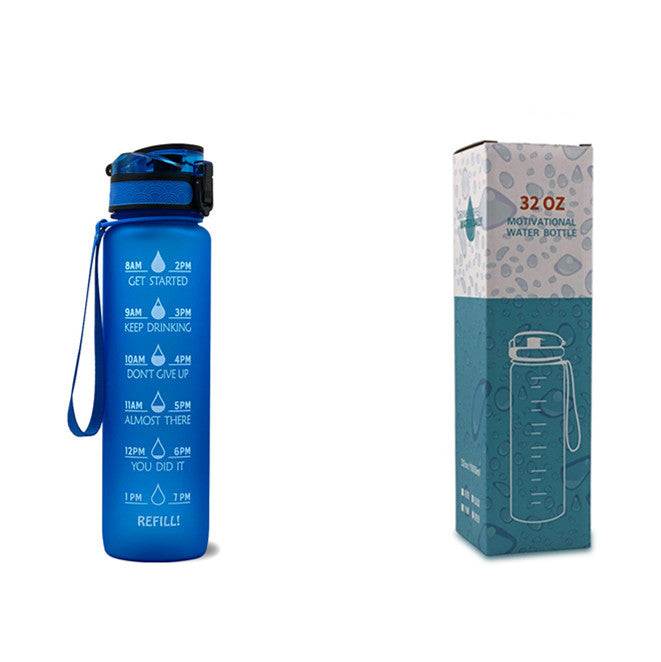 Blue water bottle with motivational time markers and its packaging on a white background