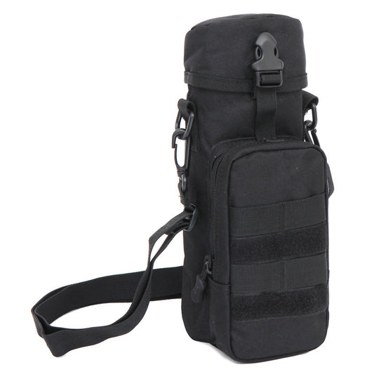Black tactical pouch with multiple straps and compartments on a white background