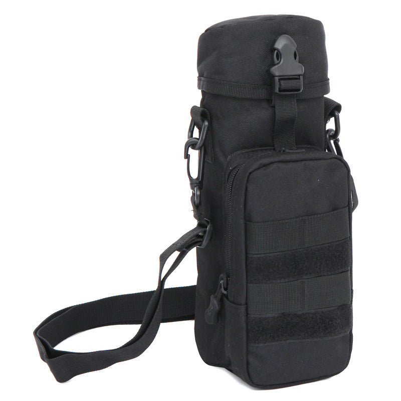 Black tactical pouch with multiple straps and compartments on a white background