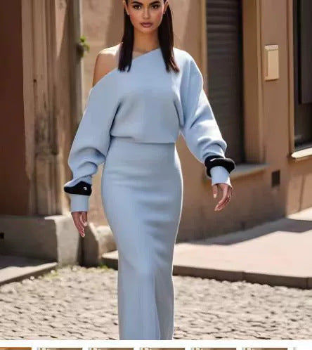 Slim Long Sleeve Knitted Dress Evening Party Sexy Off-shoulder Bodycon Long Dresses