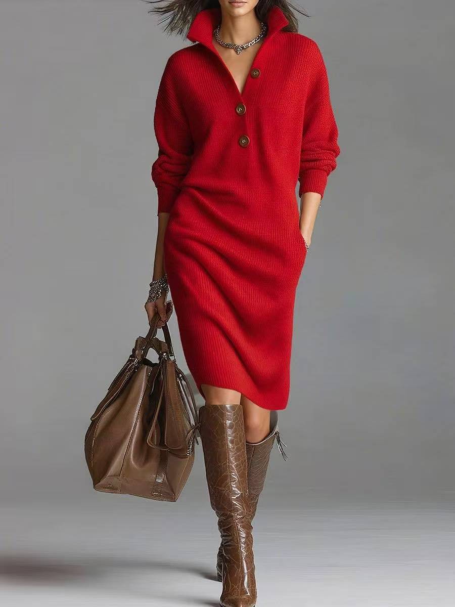 Long Sleeve Sweater Dress - V-Neck Button Pullover for Women | ST. VON'S FLAIR
