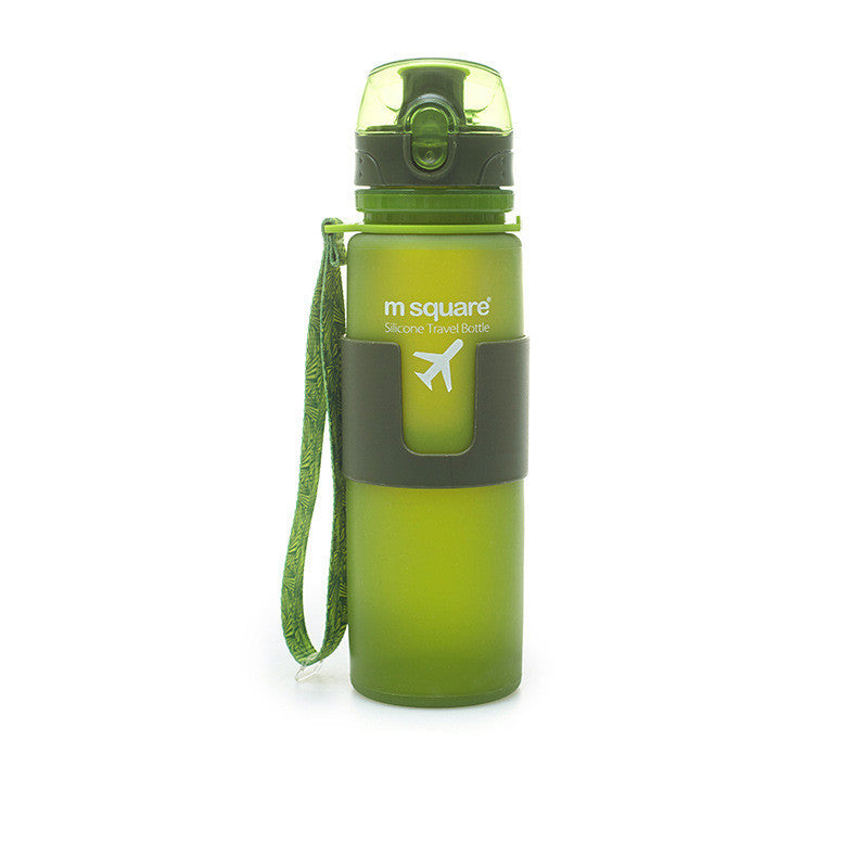 Green water bottle with a strap and 'm square' branding on a white background
