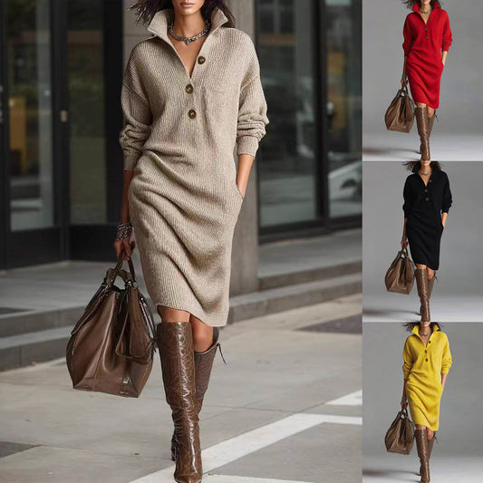 Long Sleeve Sweater Dress - V-Neck Button Pullover for Women | ST. VON'S FLAIR