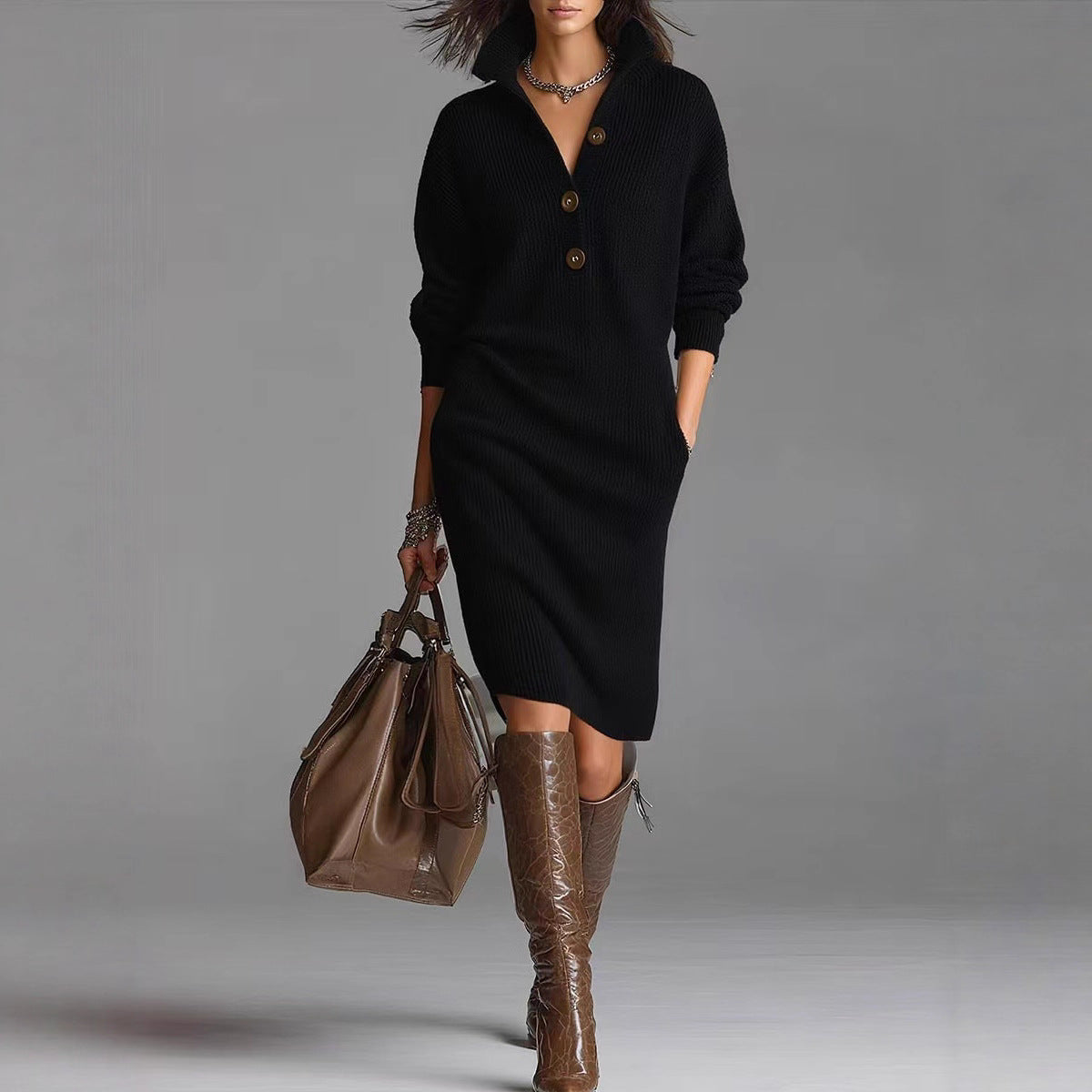 Long Sleeve Sweater Dress - V-Neck Button Pullover for Women | ST. VON'S FLAIR