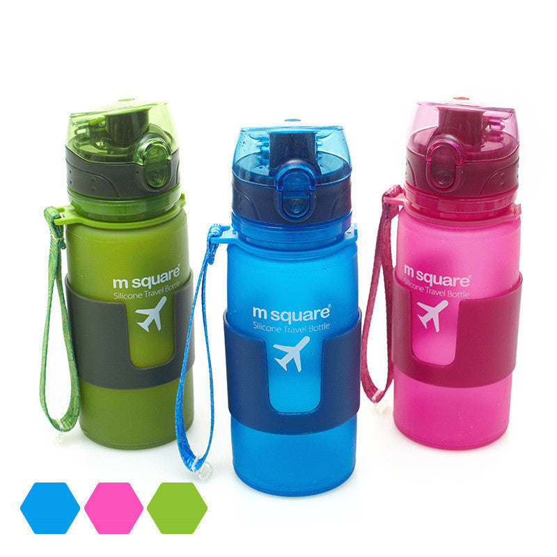 Three colorful water bottles with 'm square' branding on a white background