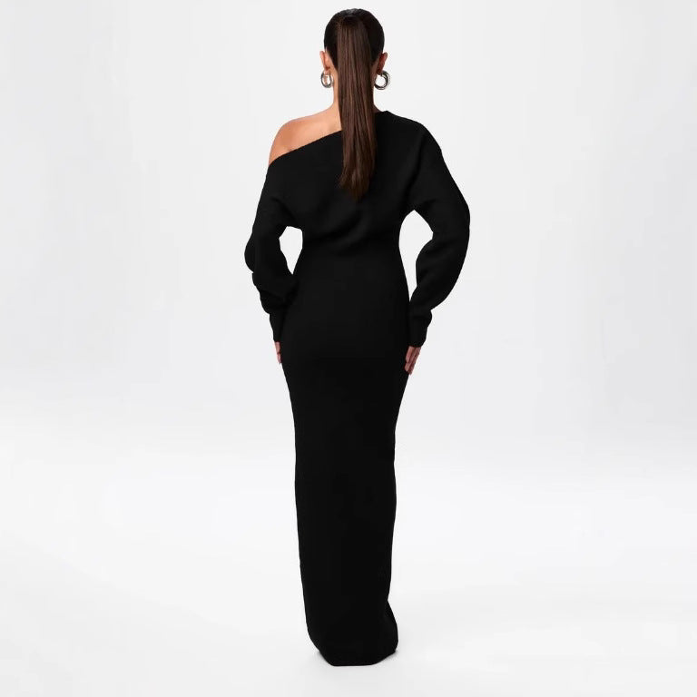 Slim Long Sleeve Knitted Dress Evening Party Sexy Off-shoulder Bodycon Long Dresses