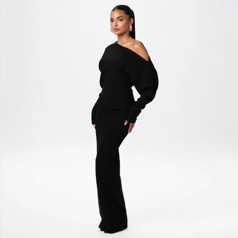 Slim Long Sleeve Knitted Dress Evening Party Sexy Off-shoulder Bodycon Long Dresses