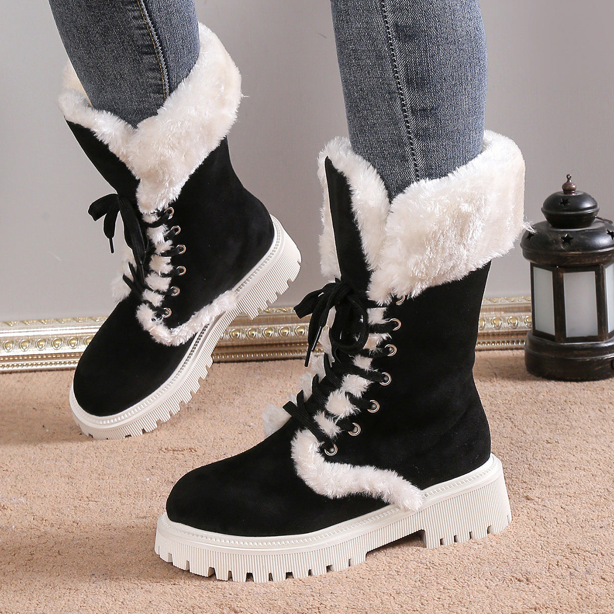 Winter Lace-up Snow Boots for Women Mid-Tube Fleece Shoes Warm Chunky Heels Plush Boot