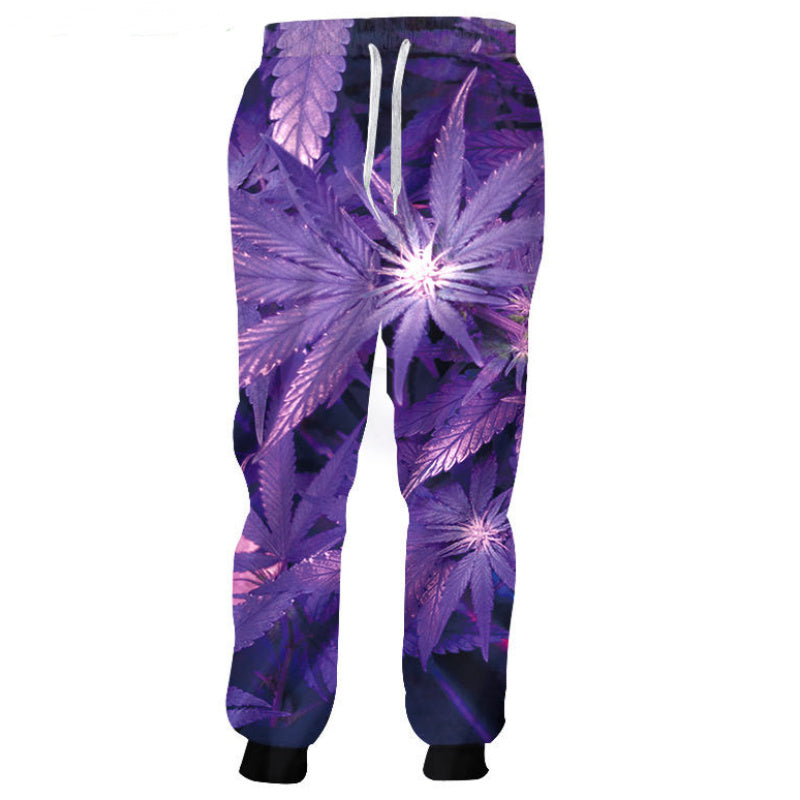 Purple cannabis leaf patterned sweatpants on a white background