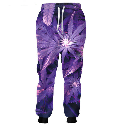 Purple cannabis leaf patterned sweatpants on a white background