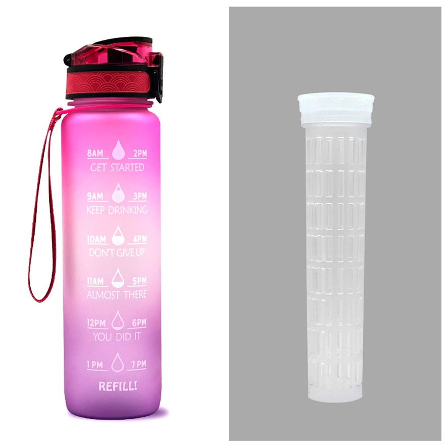 Pink water bottle with time markers and a white filter on a gray background