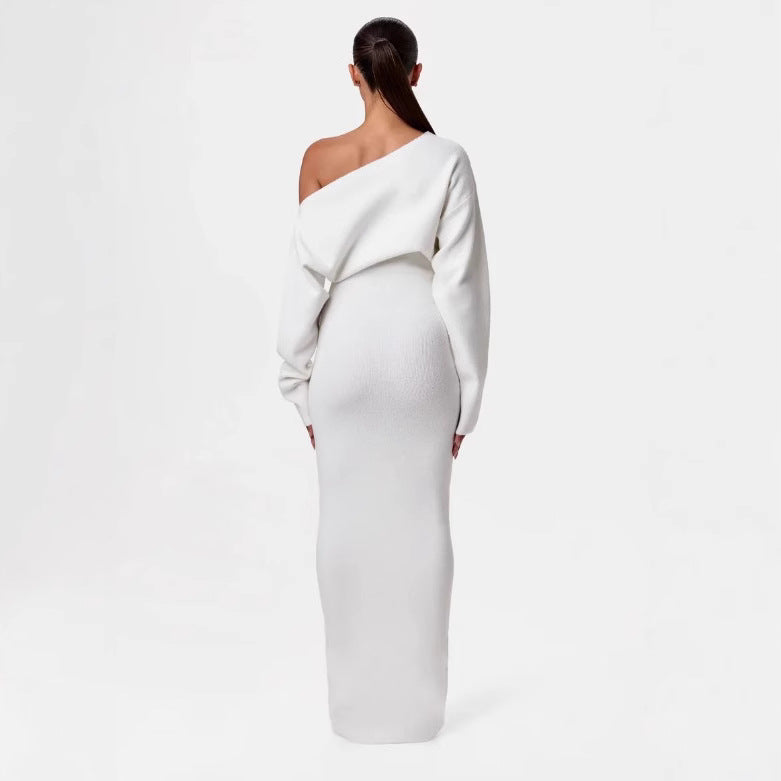 Slim Long Sleeve Knitted Dress Evening Party Sexy Off-shoulder Bodycon Long Dresses