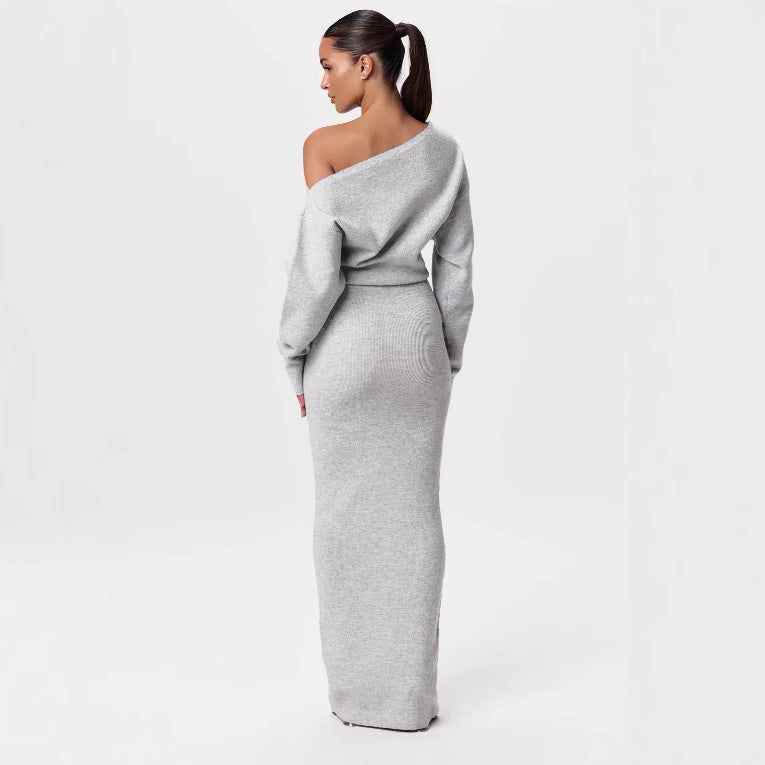 Slim Long Sleeve Knitted Dress Evening Party Sexy Off-shoulder Bodycon Long Dresses