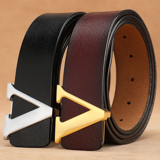 Retro Smooth Genuine Leather Pure Cowhide Letter V Pants Belt