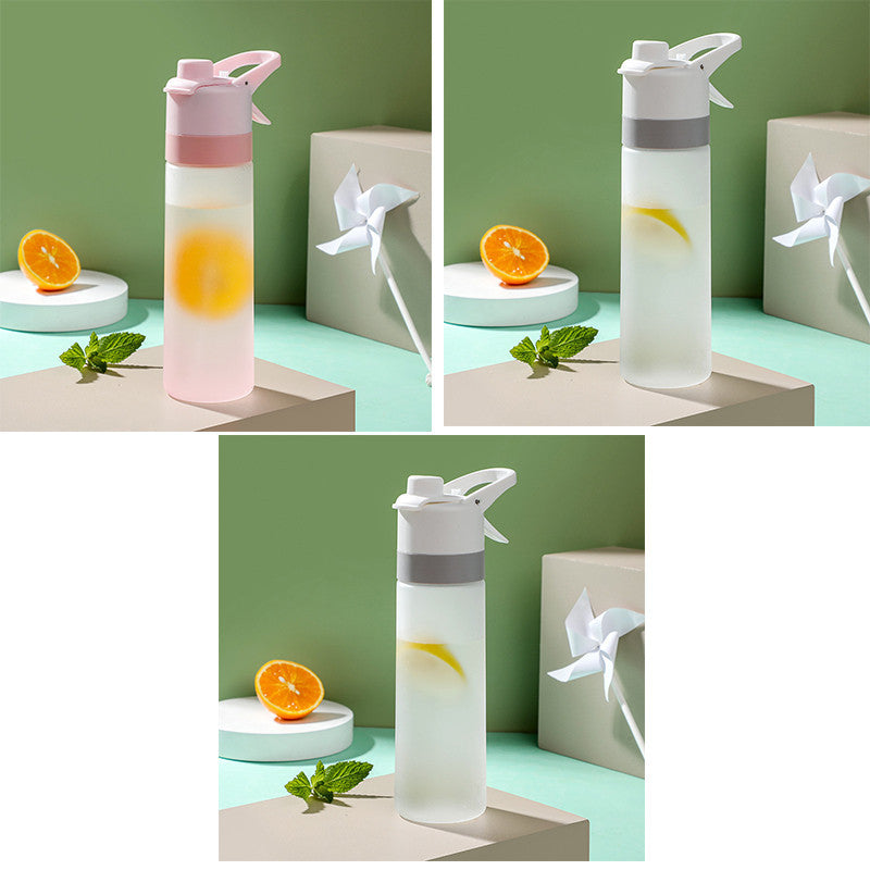 Collage of a water bottle with lemon and mint on a light green background