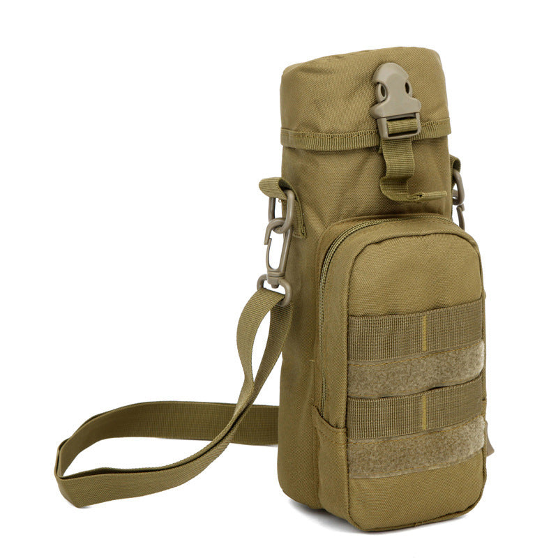 Khaki tactical pouch with strap on a white background