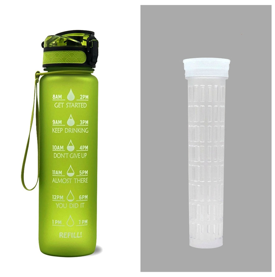 Green water bottle with time markers and a white filter cartridge on a gray background
