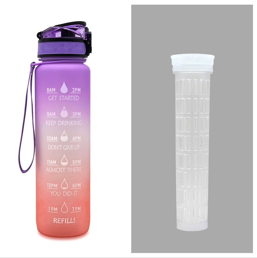 Gradient purple to pink water bottle with time markers and a white filter on a gray background