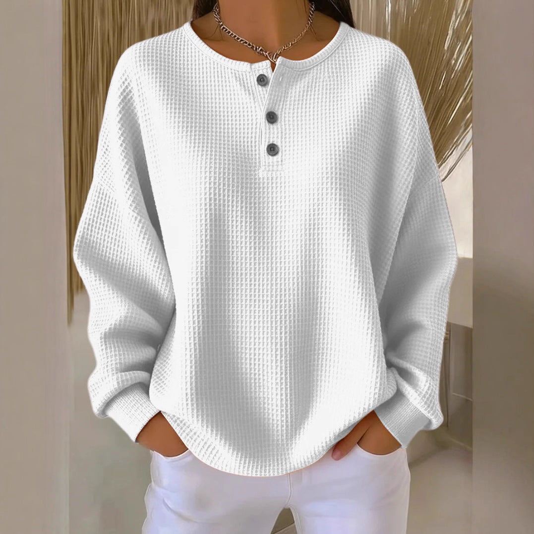 Waffle Long Sleeve T-Shirt - Button Round Neck Pullover for Women | ST. VON'S FLAIR